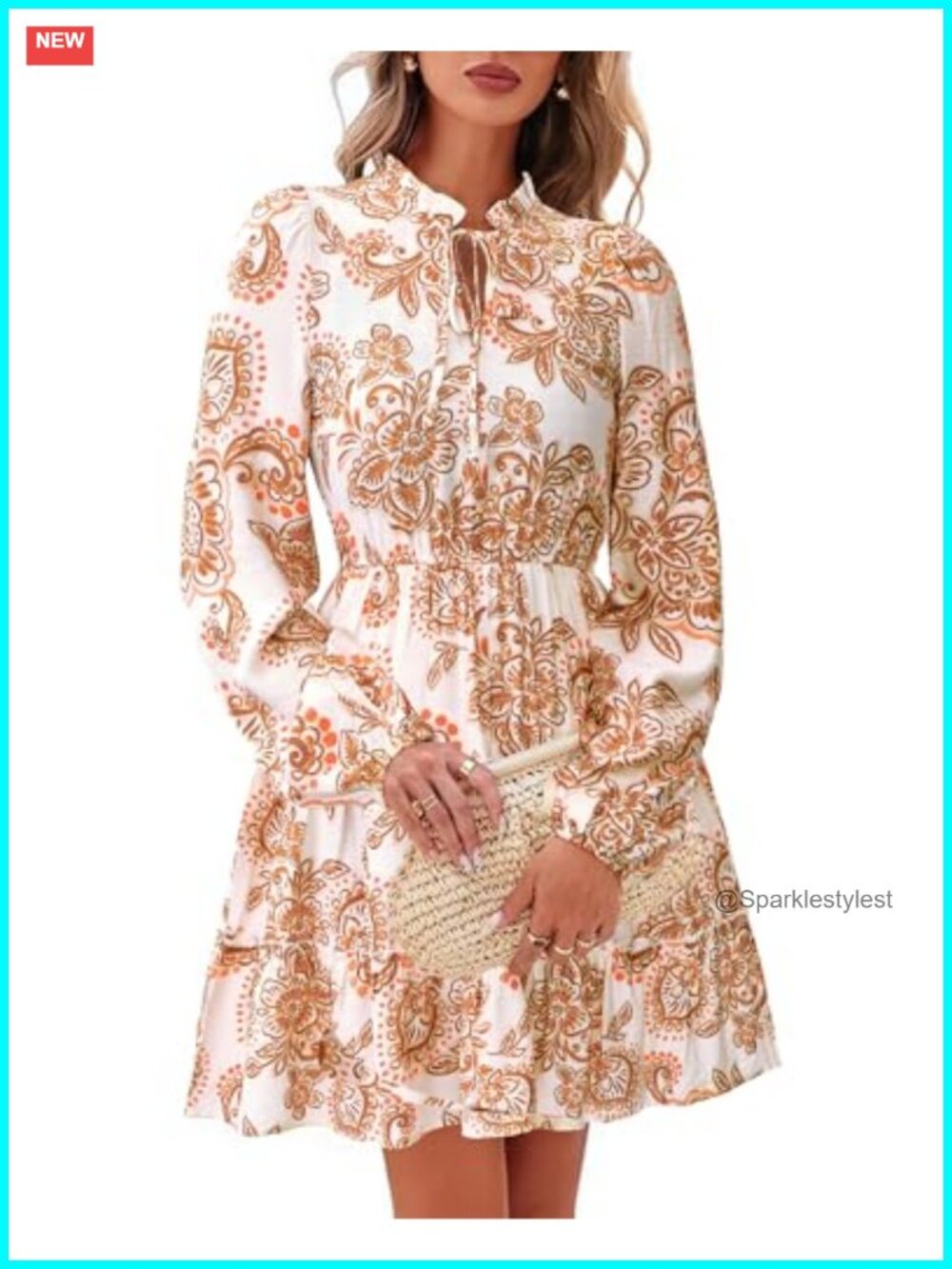 Women's Floral Long Sleeve Mini Dress V-Neck A-Line Boho Fall Wedding Guest